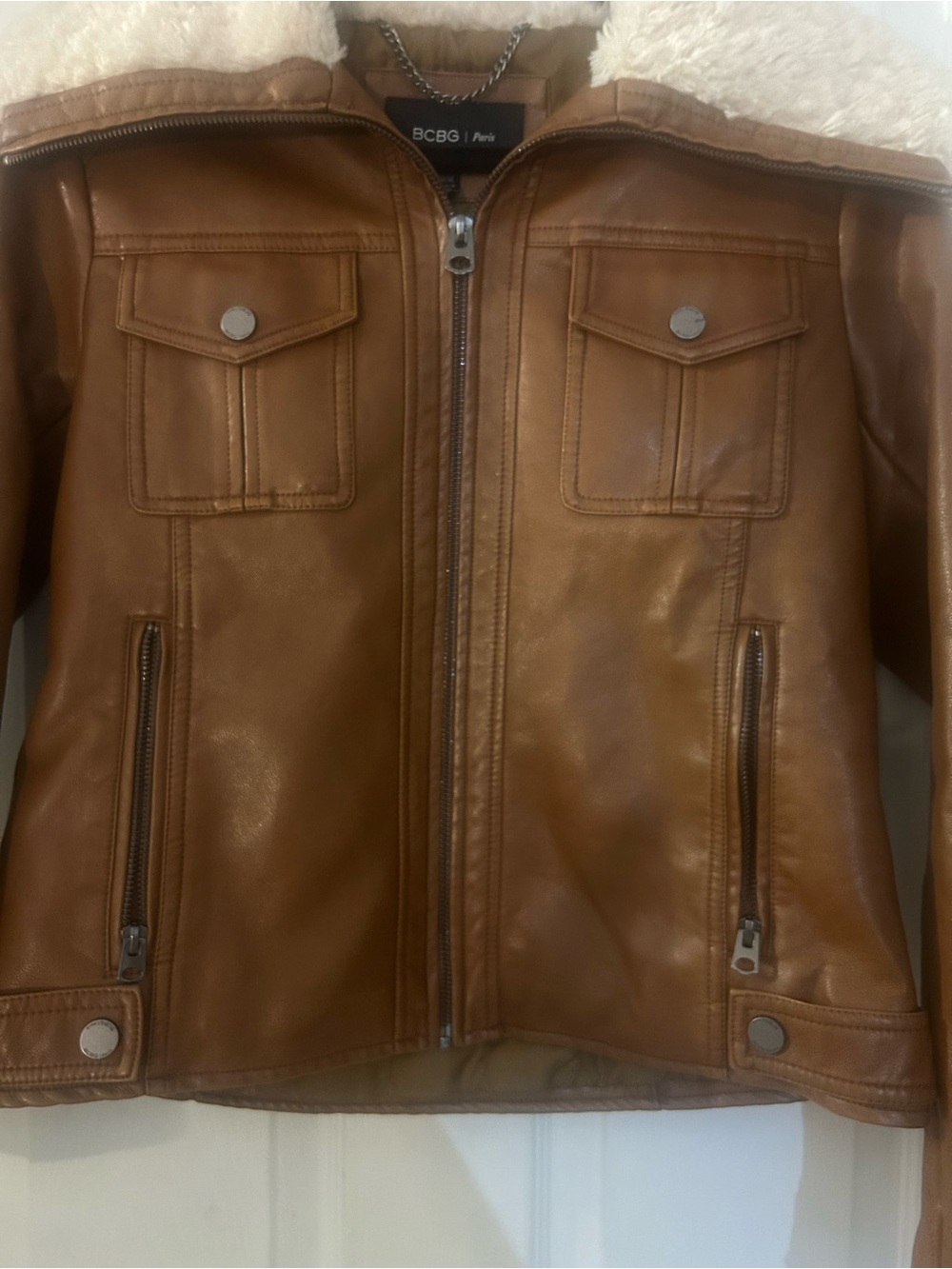 BCBG Tan Faux-Leather Moto Jacket with Cream Sherpa Collar - Picture 4 of 15